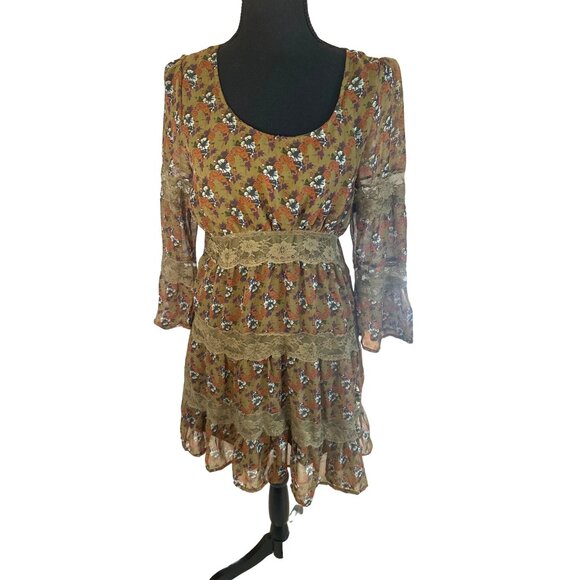 Anthropologie Blue Bird Boho Chic Sheer Floral Lace Dress M 3 tier Cottage Core - Picture 1 of 10